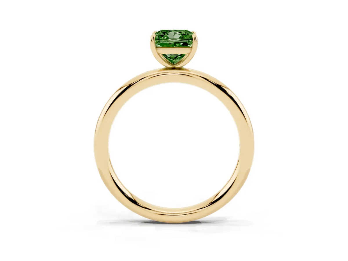Fancy Green Princess Cut Solitaire Diamond Ring with Four-Prong Setting on a Plain Band Yellow gold