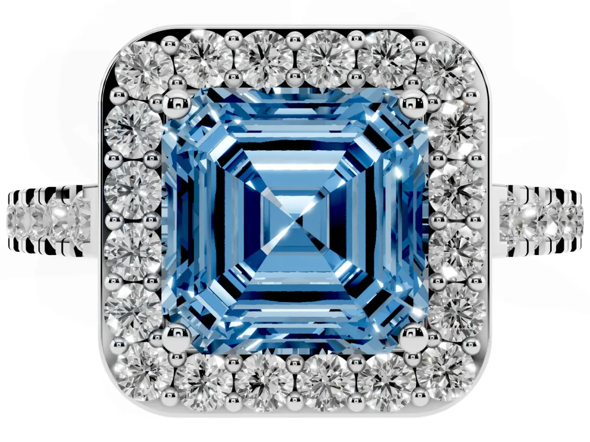 Fancy Blue Asscher Cut Diamond Halo Ring with Round Pavé Split Shank and Prong Setting Silver