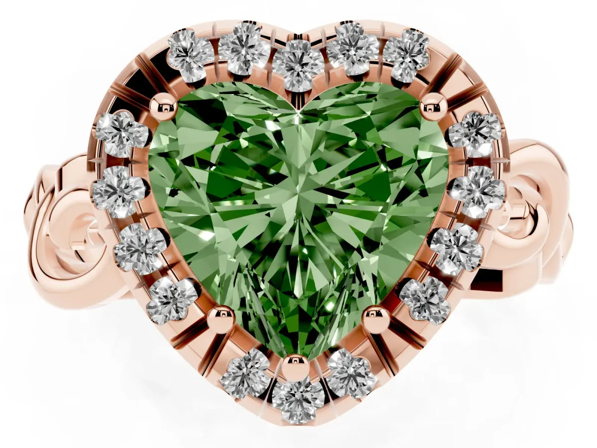 Fancy Green Heart Cut Cut Halo Diamond Ring with Scrollwork Band and Four-Prong Setting Rose gold