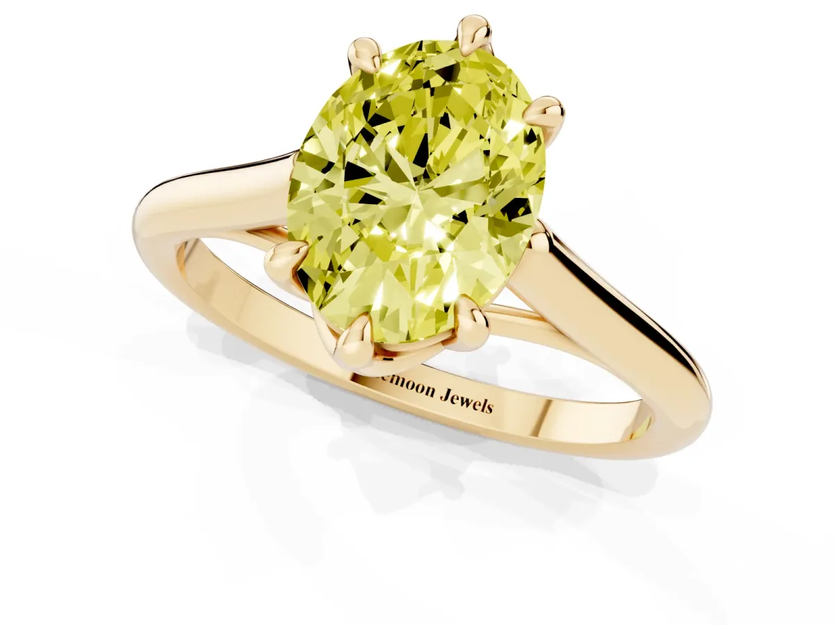 Fancy Yellow Oval Cut Solitaire Engagement Ring with Six-Prong Setting and Classic Band Yellow gold
