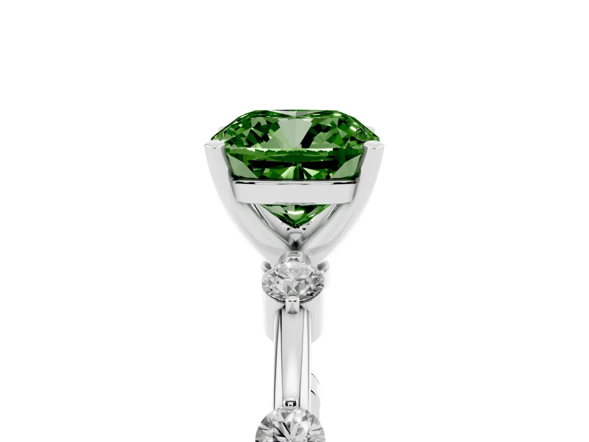 Fancy Green Cushion Cut Solitaire Diamond Ring with Bezel Set Side Stones and Prong Setting Silver
