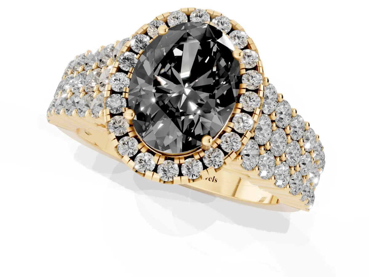 Fancy Black Oval Cut Diamond Halo Engagement Ring with Triple Row Round Pavé Band and Prong Setting Yellow gold