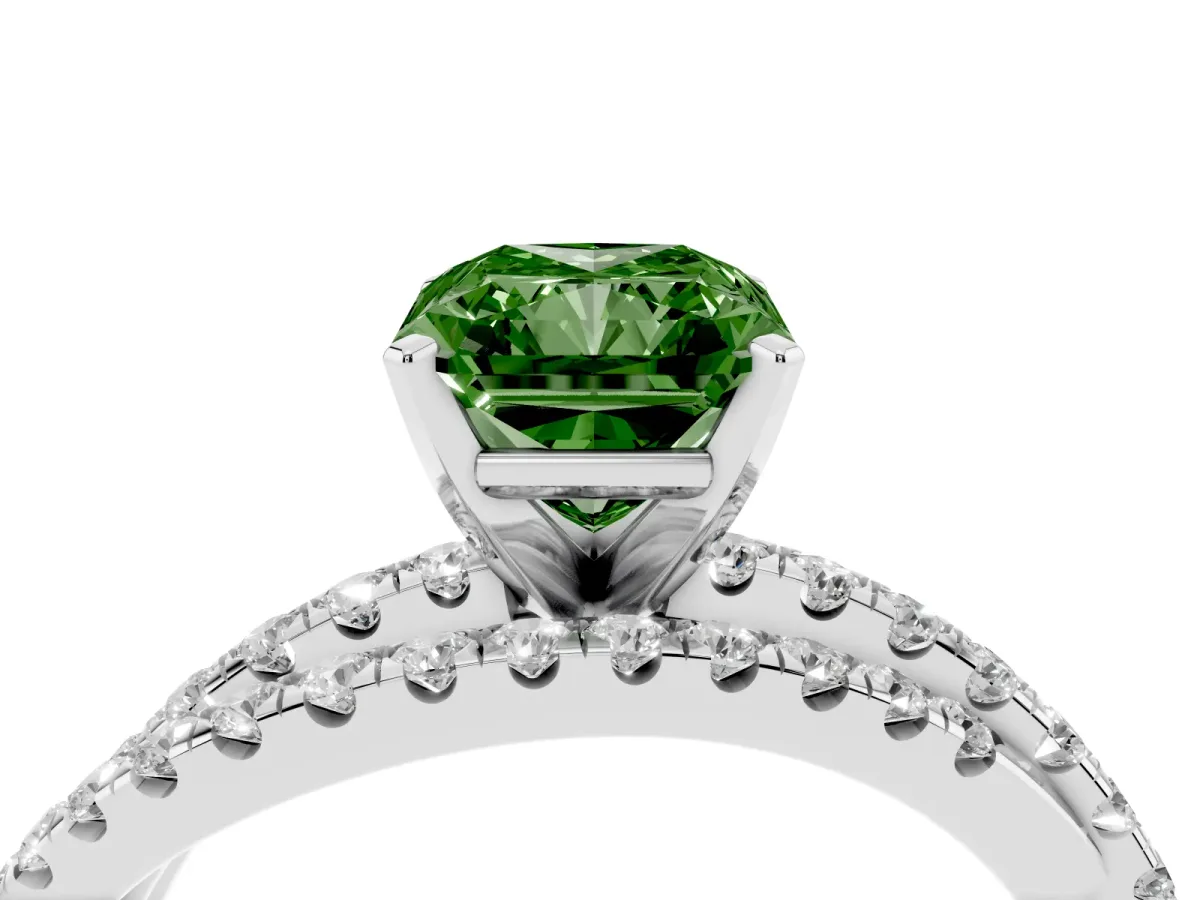 Fancy Green Radiant Cut Solitaire Twist Band with Pavé Setting and Four-Prong Setting Silver