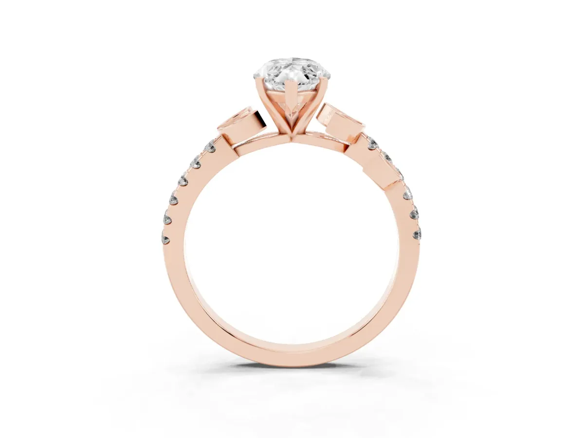 Marquise Cut Solitaire Leaf-Inspired Diamond Ring with Pavé Band and Four-Prong Setting Rose gold