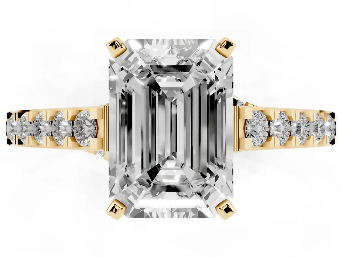 Emerald Cut Diamond Solitaire Ring with Crossover Gallery and Round Pavé Band Yellow gold