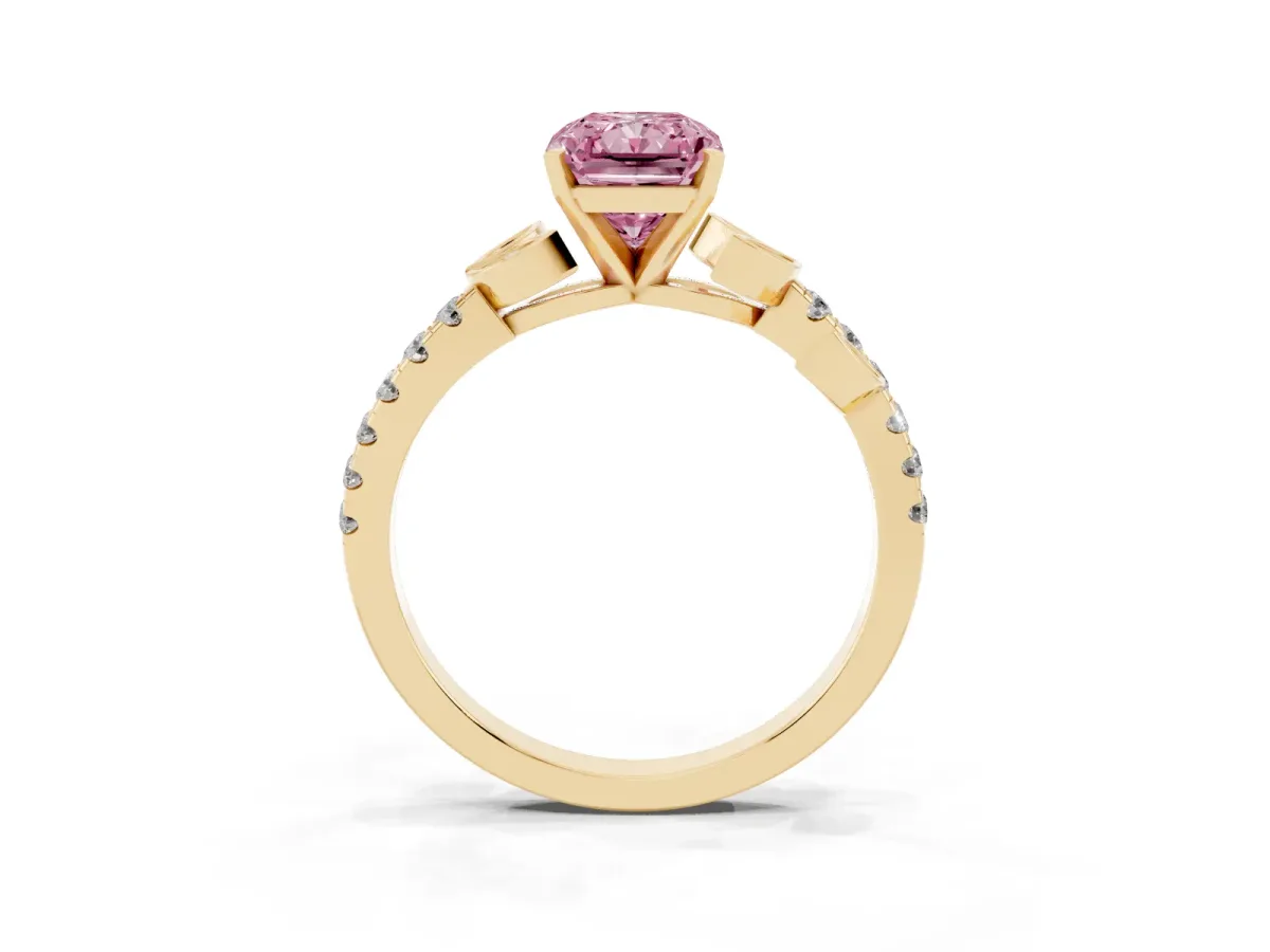Fancy Pink Radiant Cut Solitaire Leaf-Inspired Diamond Ring with Pavé Band and Four-Prong Setting Yellow gold