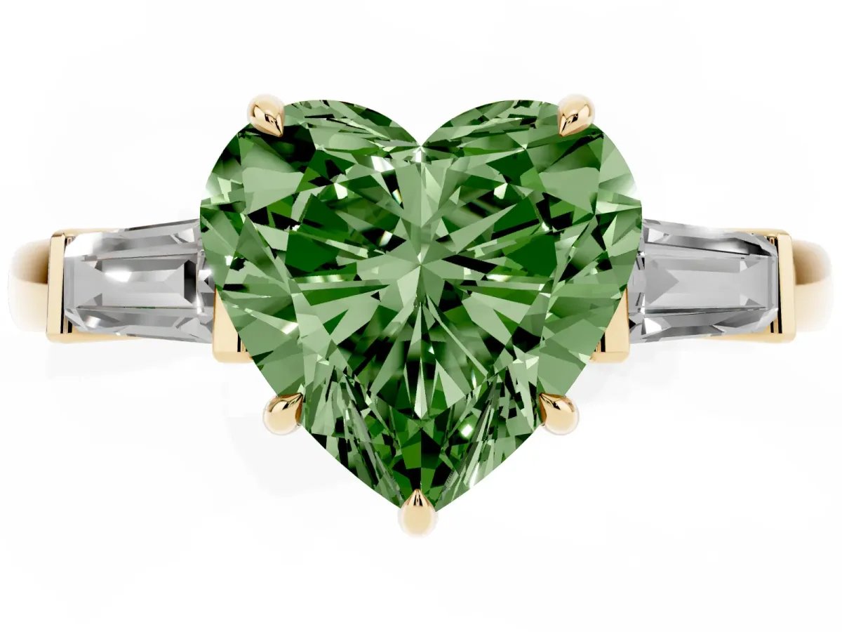 Fancy Green Heart Cut Diamond Three-Stone Ring with Tapered Baguette Side Stones and Prong Setting Yellow gold
