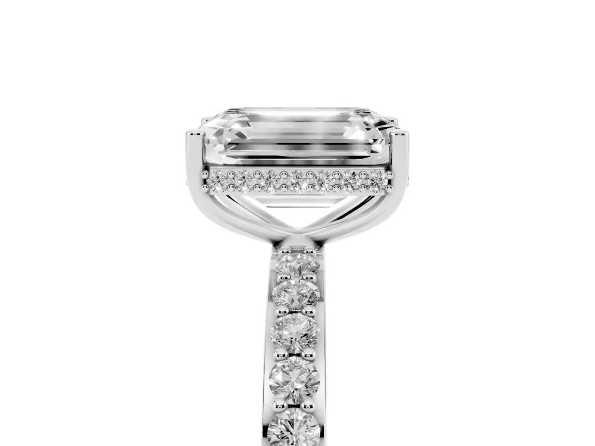 Emerald Cut Diamond Solitaire Ring with Pavé Band and Hidden Halo Silver