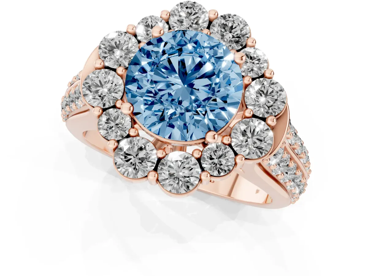 Fancy Blue Round Cut Halo Diamond Engagement Ring with Split Shank and Prong Setting Rose gold