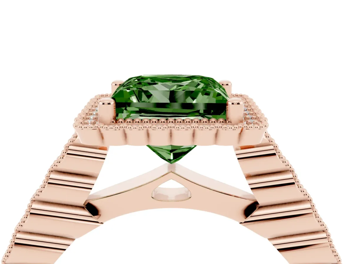 Fancy Green Princess Cut Cut Halo Pavé Solitaire Ring with Milgrain Band Rose gold