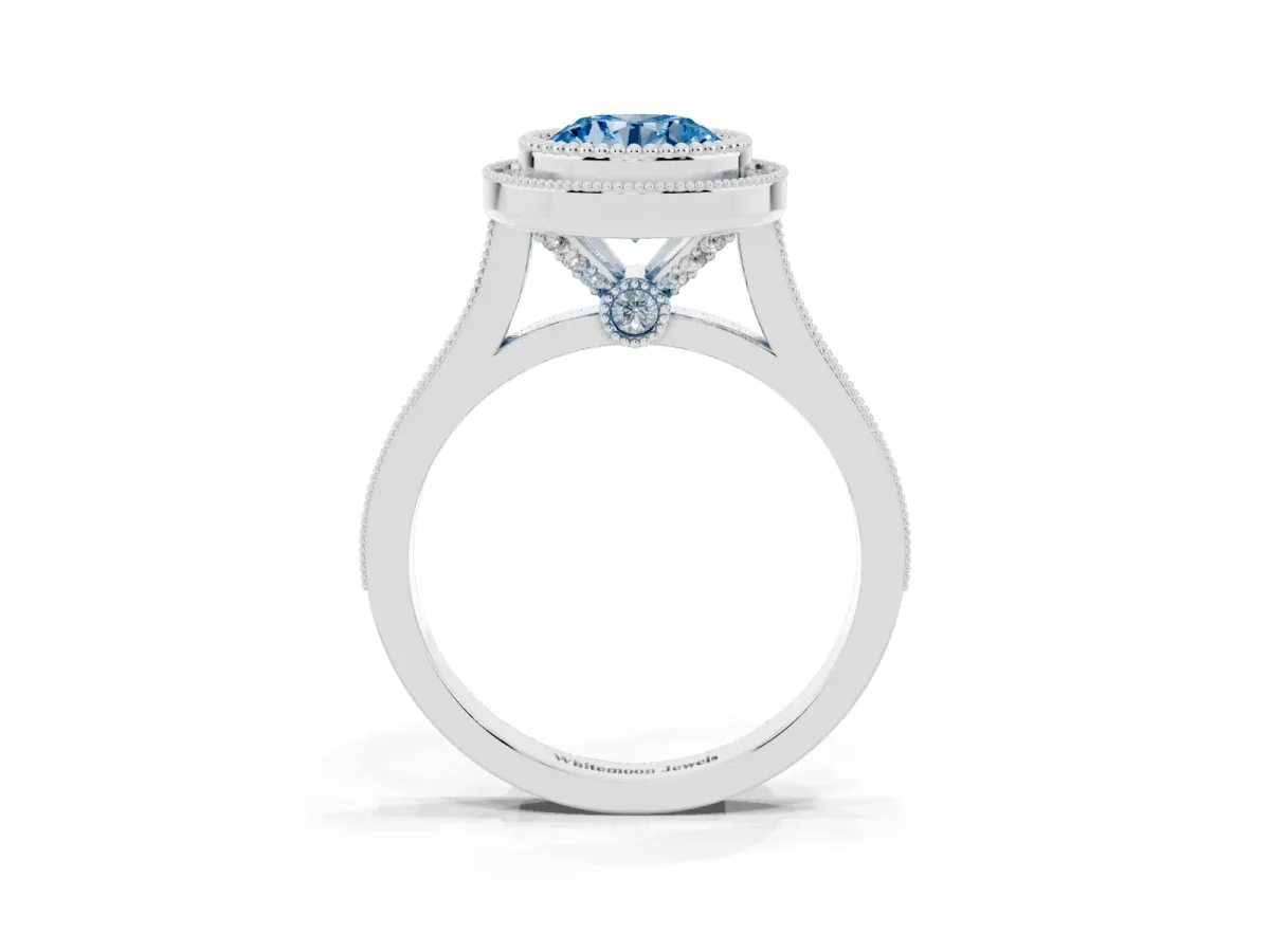 Fancy Blue Round Cut Diamond Halo Ring with Milgrain Frame and Pavé Band White gold