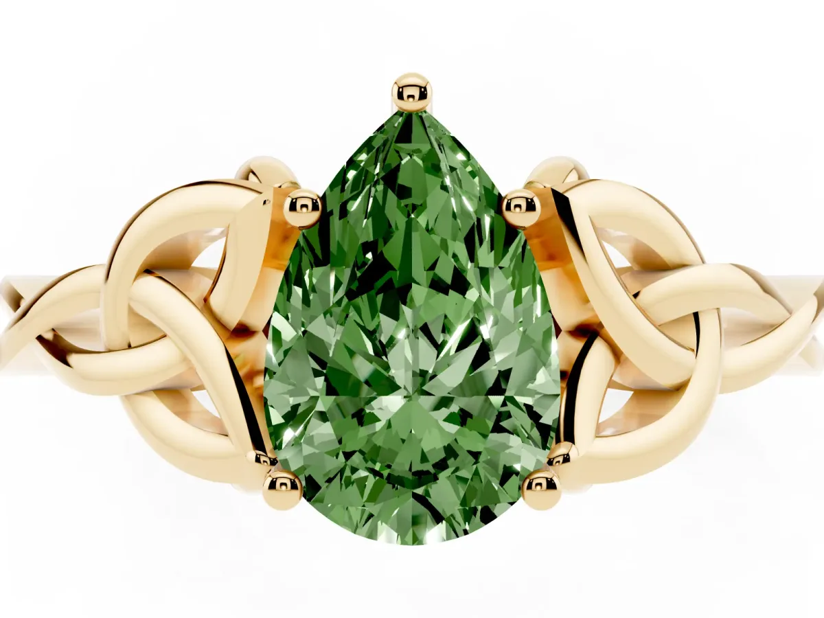 Fancy Green Pear Cut Diamond Solitaire Engagement Ring with Celtic Knot Band and Four-Prong Setting Yellow gold
