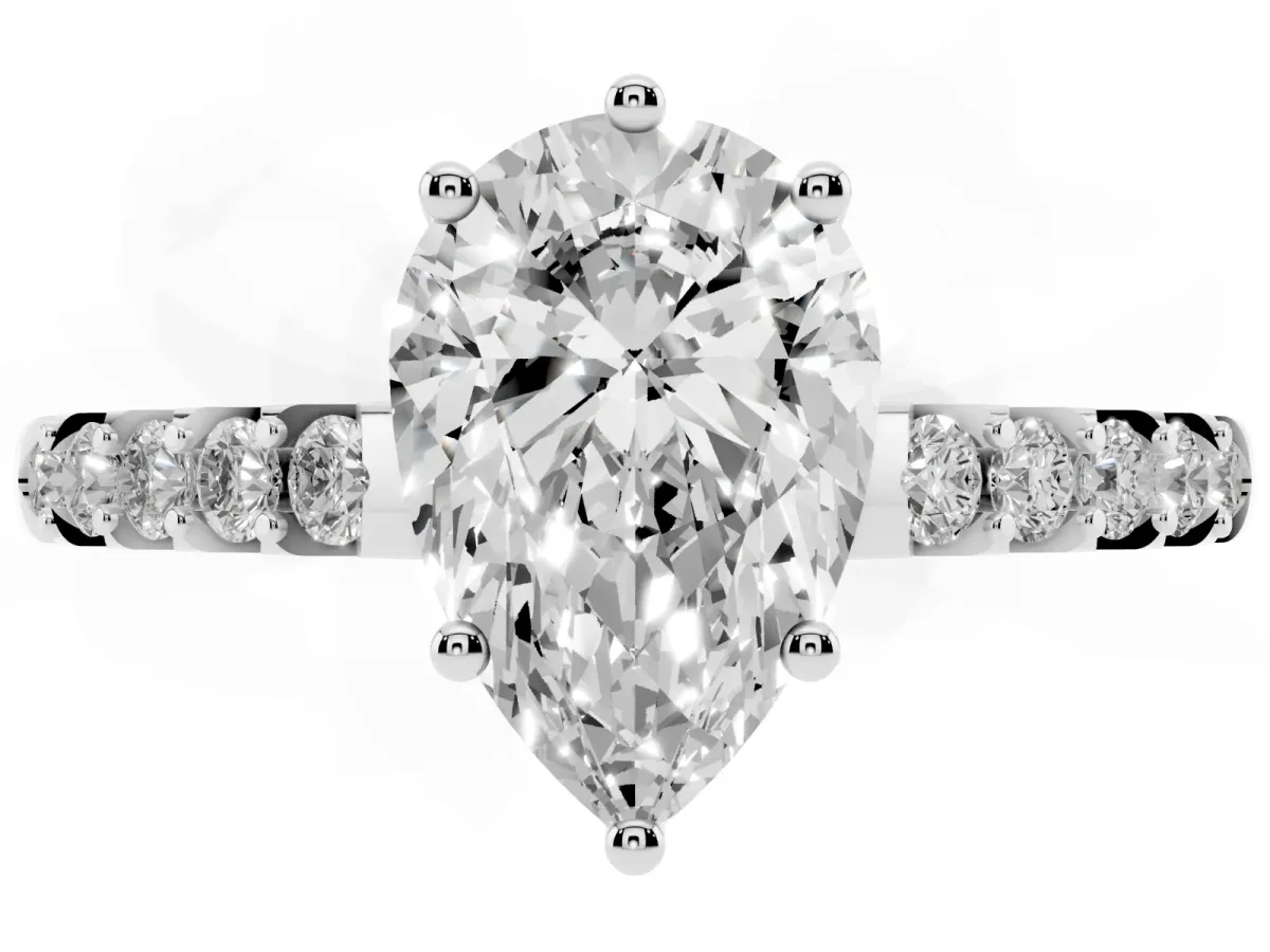 Pear Cut Solitaire Diamond Engagement Ring with Pavé Band and Six-Prong Setting Platinum