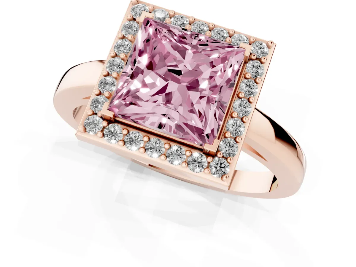 Fancy Pink Princess Cut Halo Diamond Ring with Solitaire Band and Prong Setting Rose gold