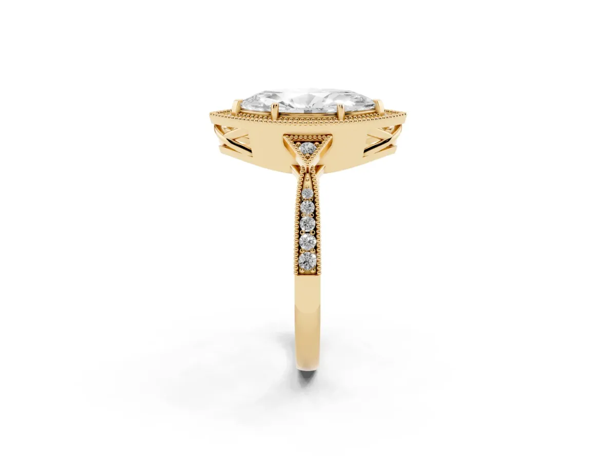 Marquise Cut Halo Round Diamond Milgrain Pave Engagement Ring Yellow gold