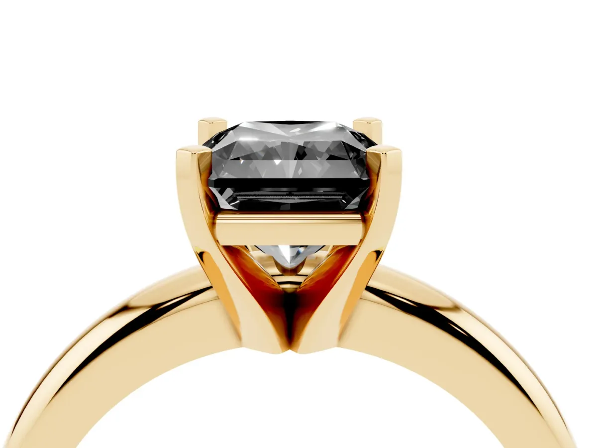 Fancy Black Radiant Cut Diamond Solitaire Engagement Ring with Round Band and Four-Prong Setting Yellow gold