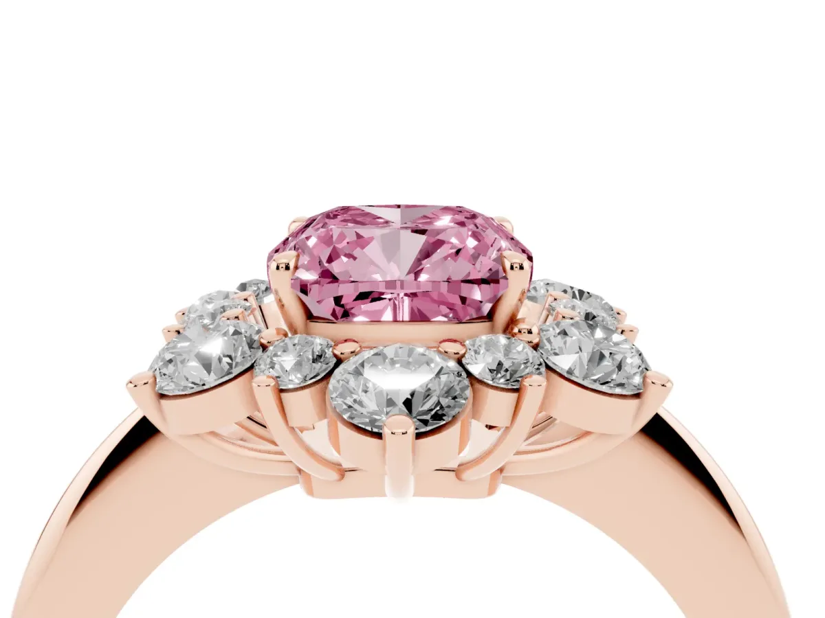 Fancy Pink Cushion Cut Diamond Cluster Halo Ring with Solitaire Band and Four-Prong Setting Rose gold