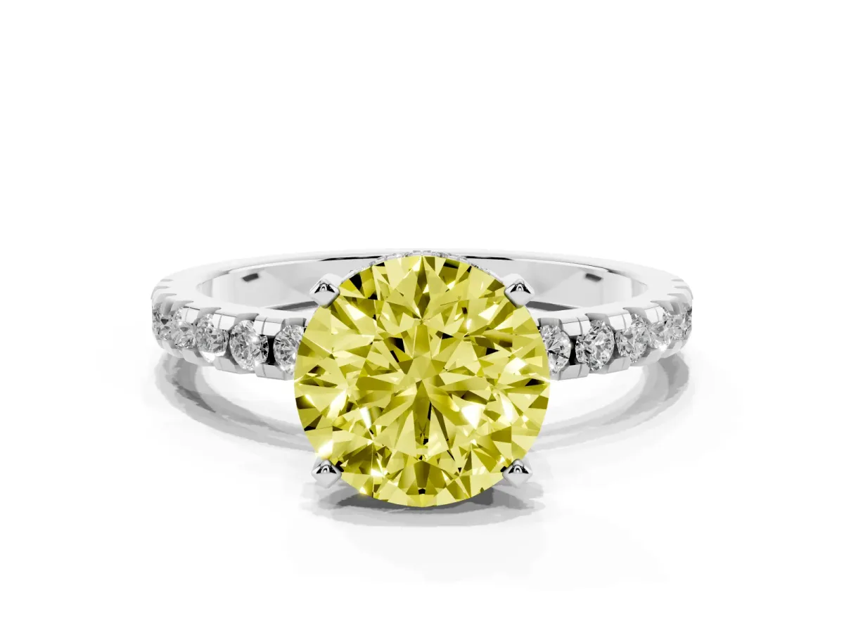 Fancy Yellow Round Cut Diamond Solitaire Ring with Round Pavé Band and Four-Prong Setting Silver