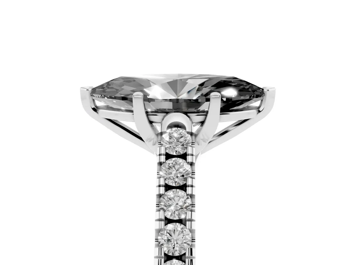 Fancy Black Marquise Cut Diamond Pavé Band Solitaire Ring with Prong Setting Silver