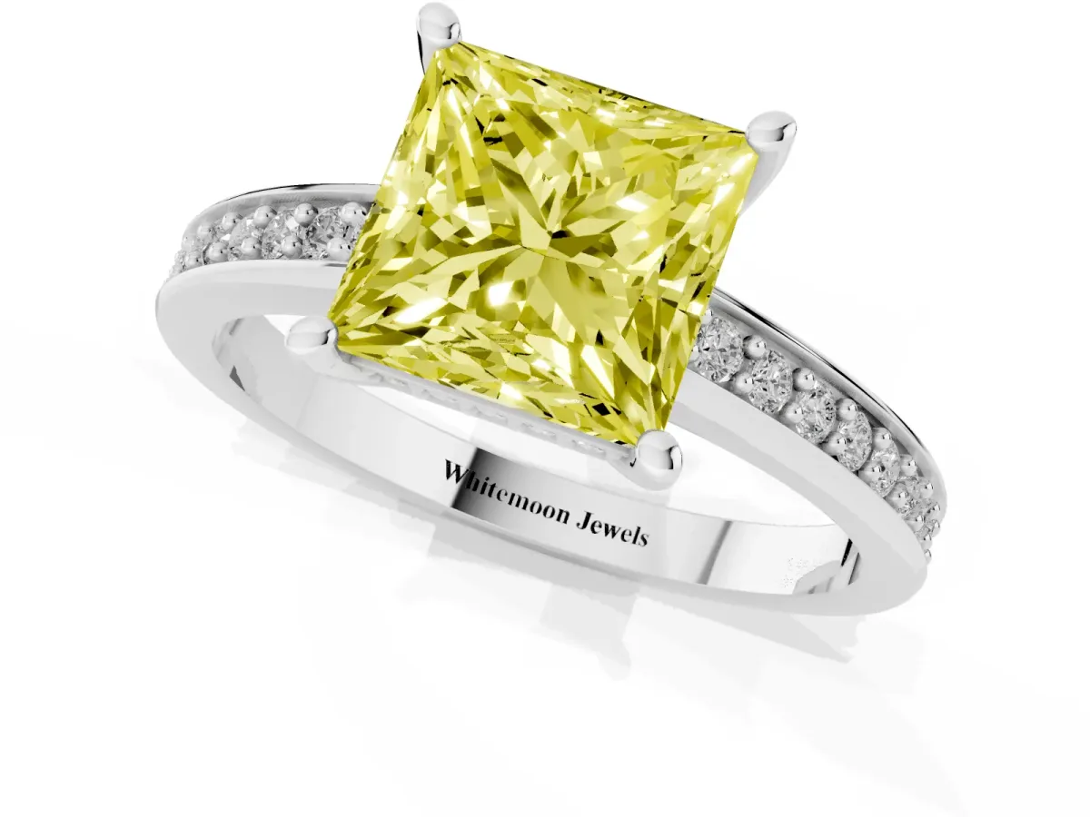 Fancy Yellow Princess Cut Solitaire Pavé Band Prong Setting Ring Silver
