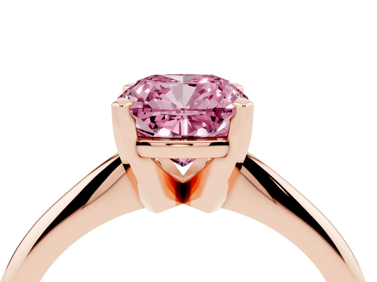 Fancy Pink Cushion Cut Cut Solitaire Ring with Four-Prong Setting on a Classic Band Rose gold