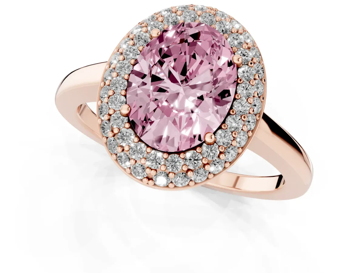 Fancy Pink Oval Cut Halo Diamond Engagement Ring with Solitaire Band and Four-Prong Setting Rose gold