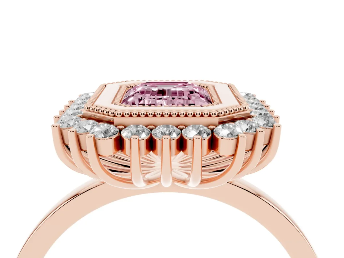 Fancy Pink Emerald Cut Halo Diamond Ring with Milgrain Edge and Round Prong Setting Rose gold