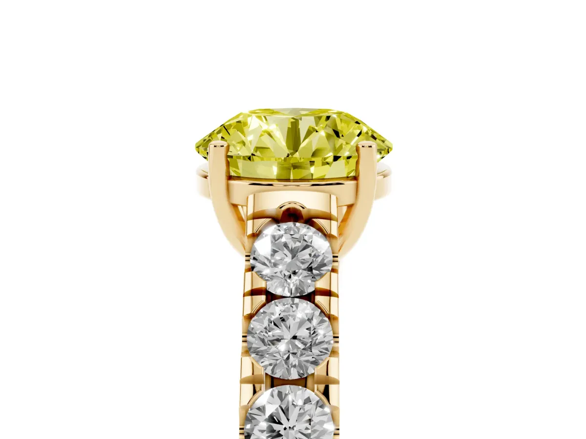 Fancy Yellow Round Cut Cut Diamond Solitaire Ring with Micro Pave Band and Prong Setting Yellow gold