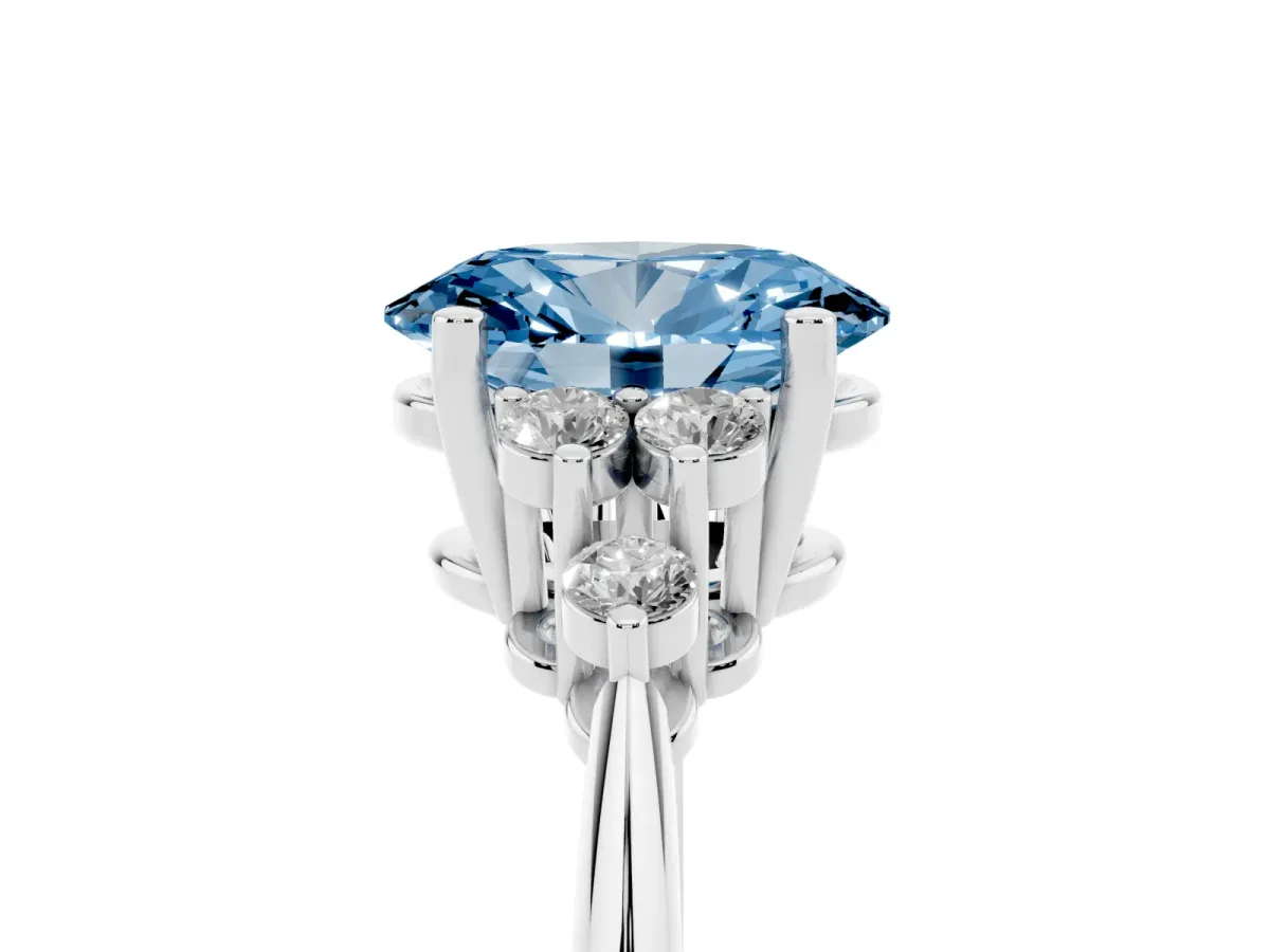Fancy Blue Oval Cut Cut Diamond Cluster Ring with Solitaire Band and Four-Prong Setting Silver