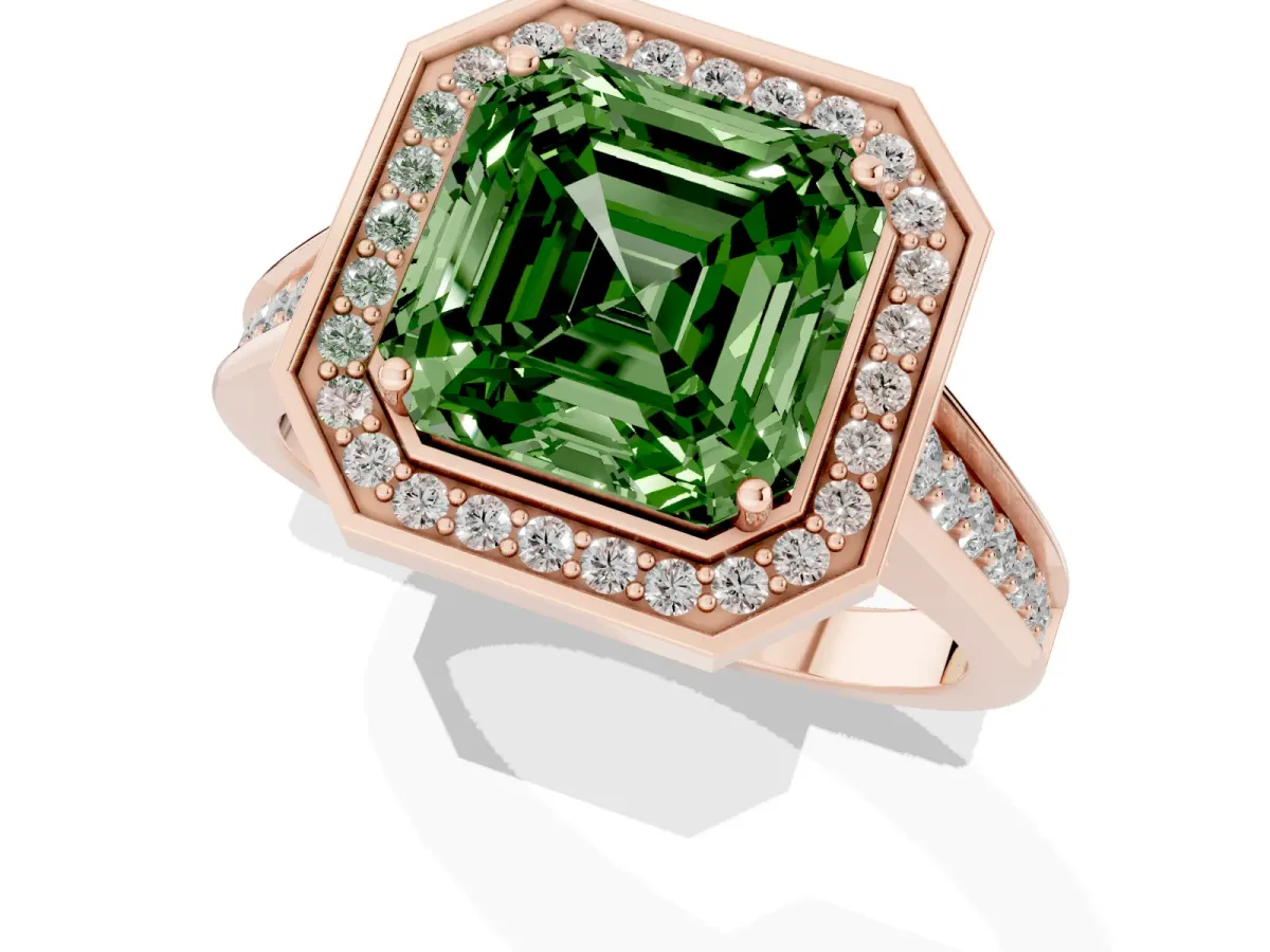 Fancy Green Asscher Cut Halo Solitaire Diamond Ring with Pave Band and Bezel Setting Rose gold