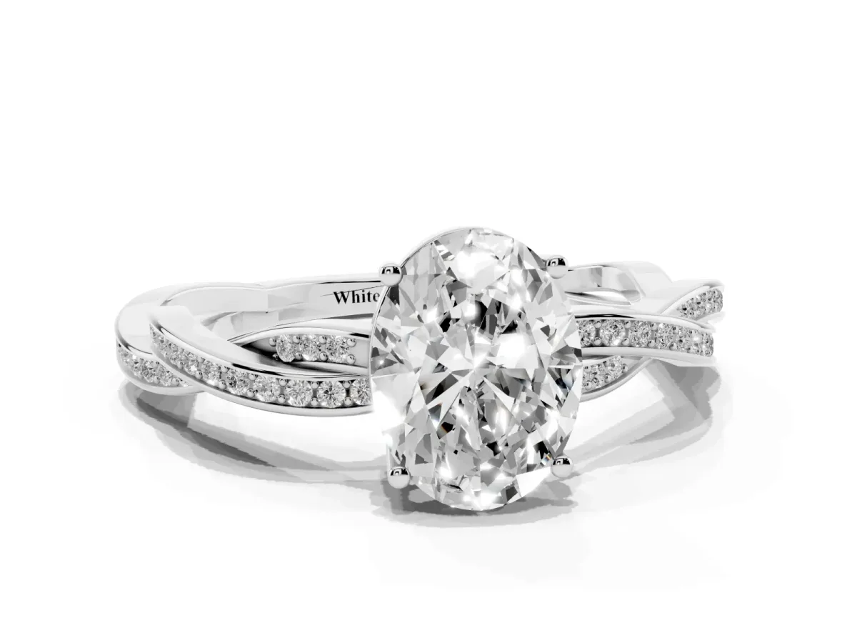 Oval Cut Solitaire Twisted Pave Diamond Ring with Four-Prong Setting Silver