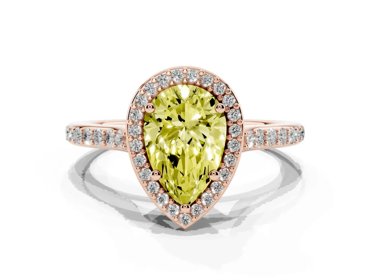 Fancy Yellow Pear Cut Diamond Halo Engagement Ring with Round Pavé Shoulders and Prong Setting Rose gold