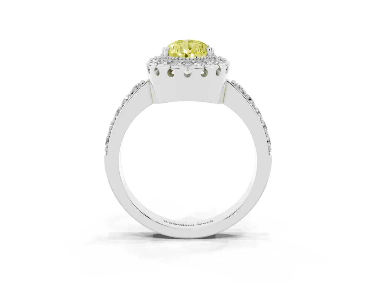 Fancy Yellow Pear Cut Diamond Halo Ring with Pavé Band and Prong Setting Platinum