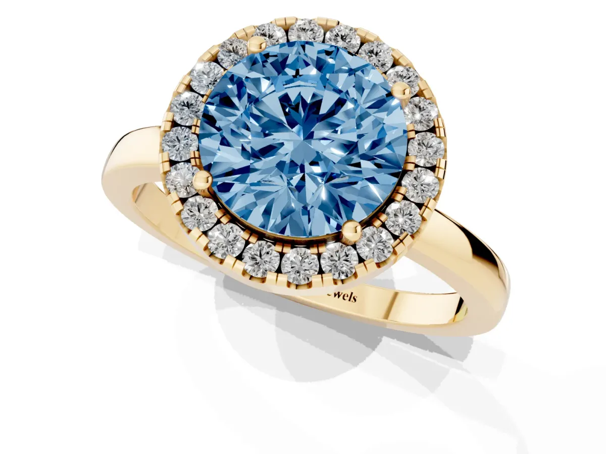 Fancy Blue Round Cut Halo Diamond Solitaire with Pavé Band and Four-Prong Setting Yellow gold