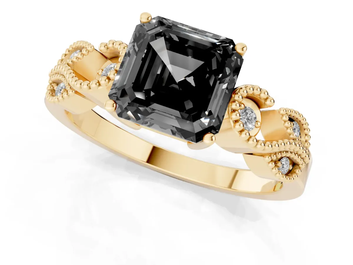 Fancy Black Asscher Cut Solitaire Milgrain Leaf Band with Prong Setting Yellow gold