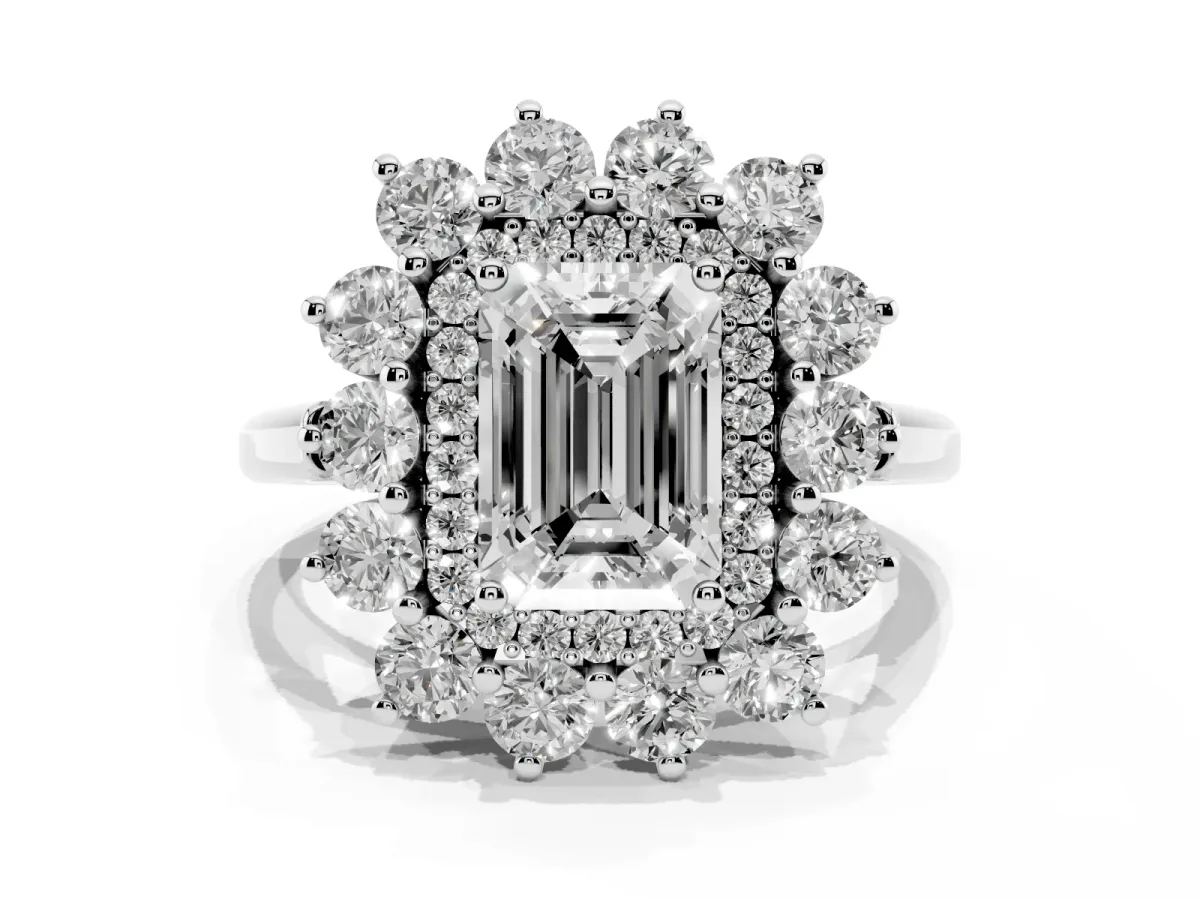 Emerald Cut Diamond Floral Double Halo Engagement Ring with Prong Setting Silver