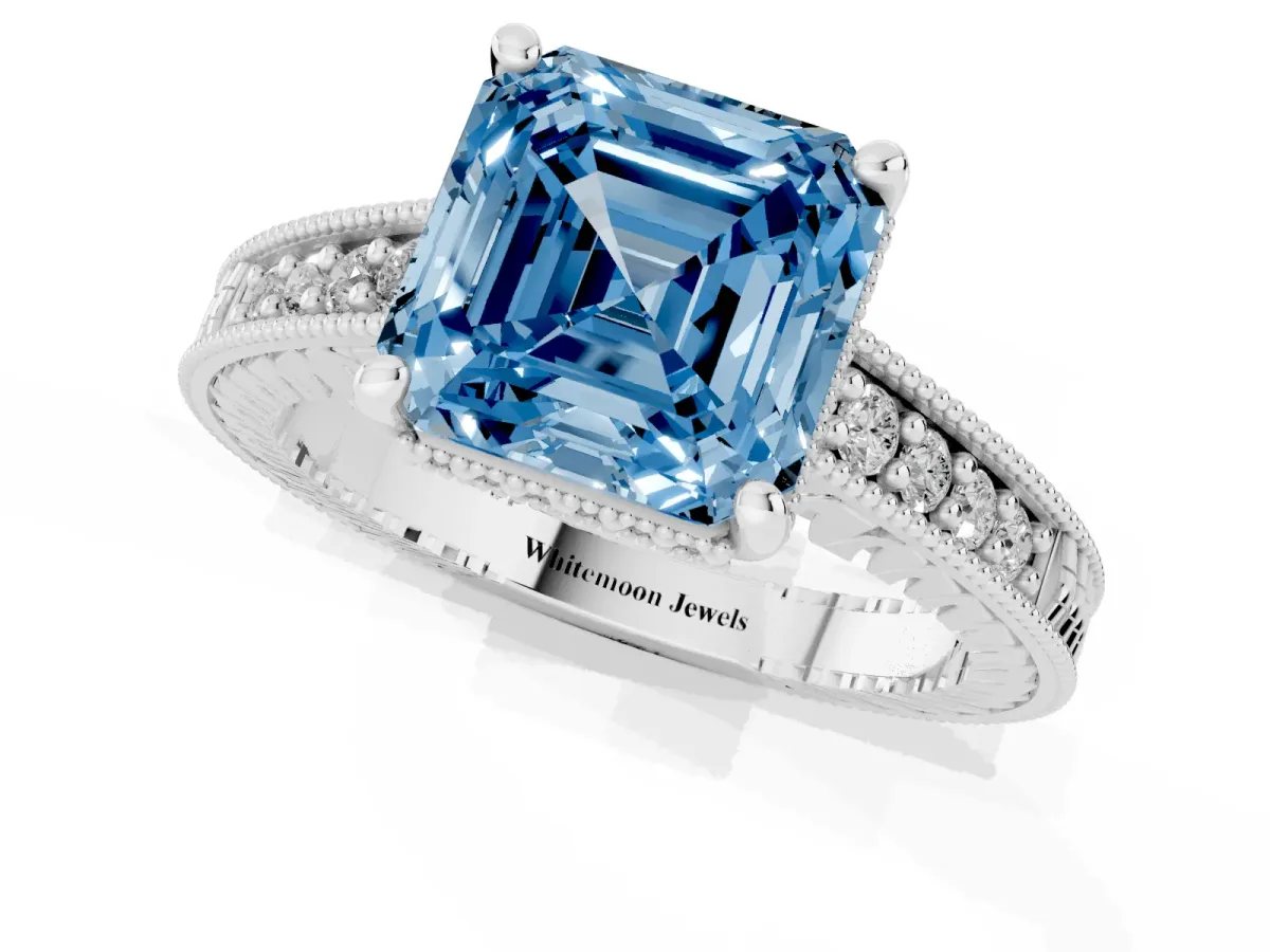 Fancy Blue Asscher Cut Solitaire Pavé Diamond Milgrain Engagement Ring with Four-Prong Setting Silver