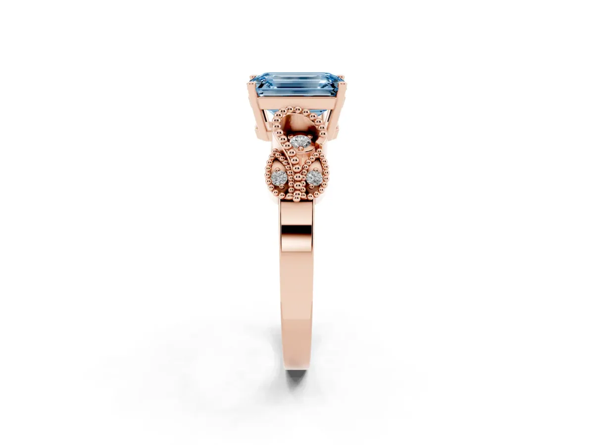 Fancy Blue Emerald Cut Solitaire Milgrain Leaf Band with Prong Setting Rose gold