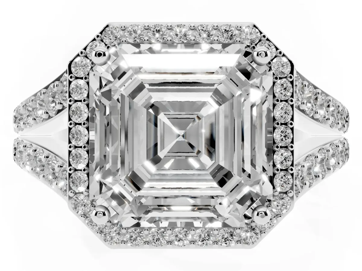 Asscher Cut Diamond Split Shank Halo Ring with Four-Prong Setting Silver