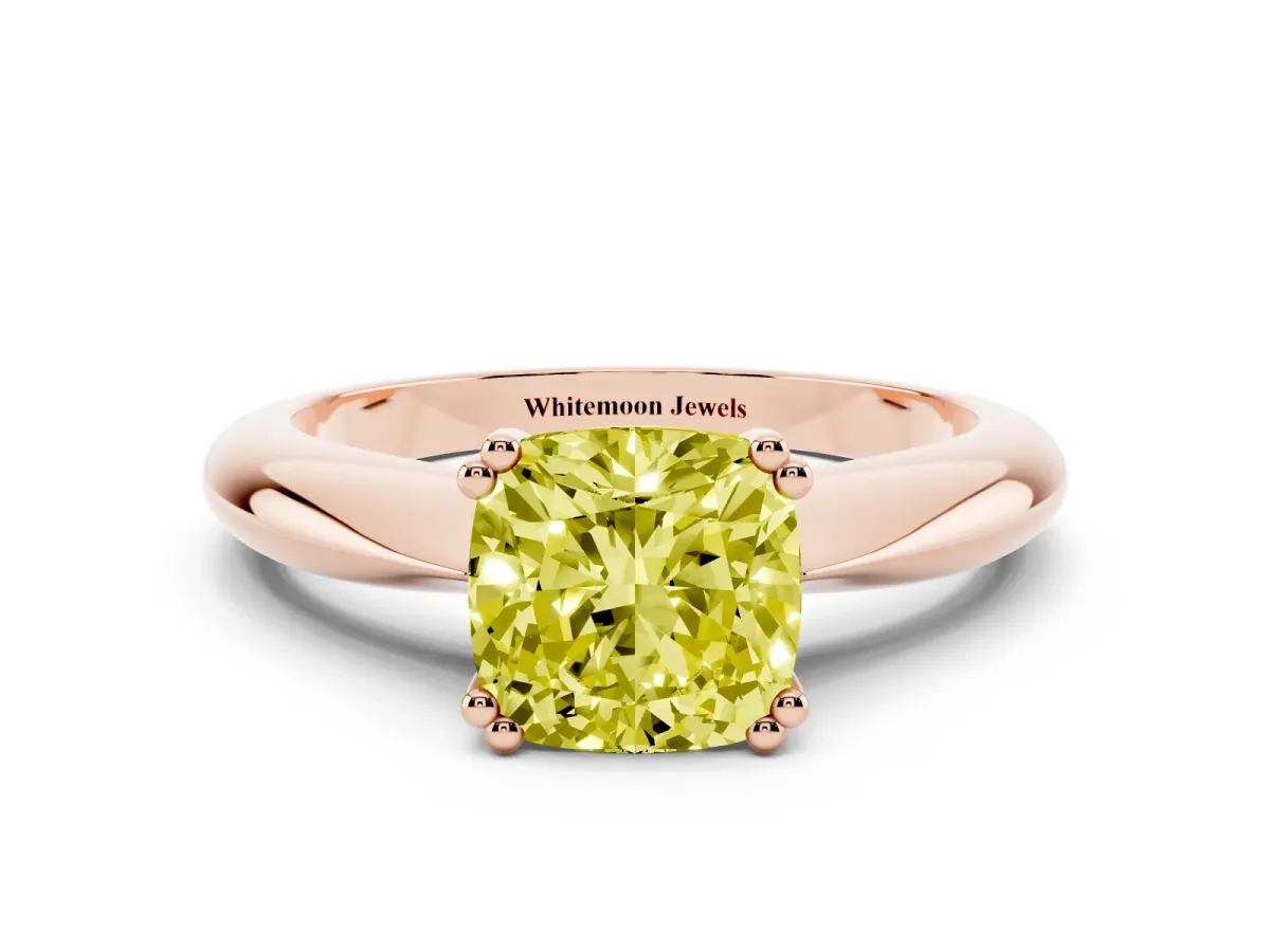 Fancy Yellow Cushion Cut Cut Solitaire Engagement Ring with Tapered Band and Four-Prong Setting Rose gold