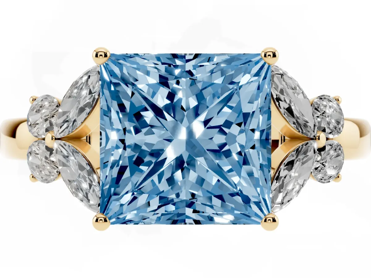 Fancy Blue Princess Cut Cut Solitaire Floral Diamond Ring with Four-Prong Setting Yellow gold