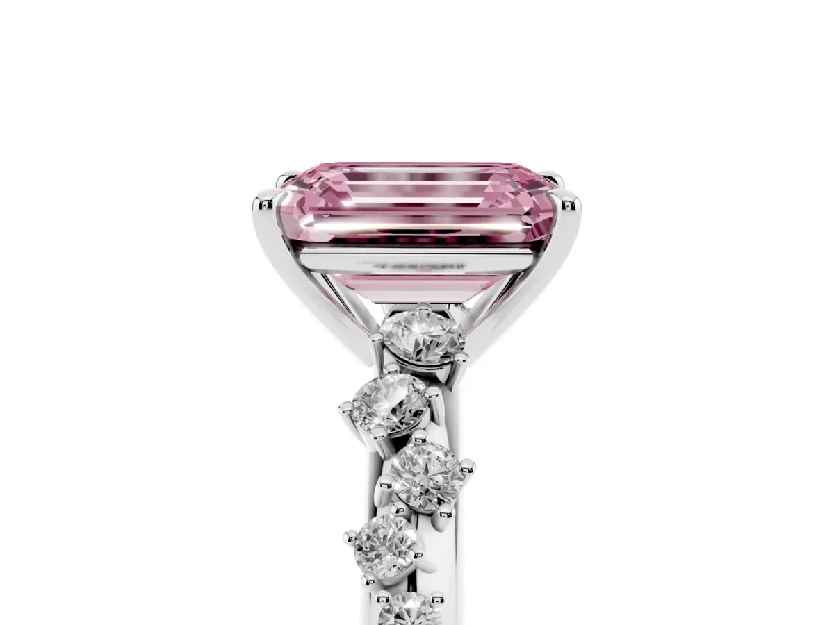 Fancy Pink Emerald Cut Diamond Cluster Side Stone Solitaire Ring with Prong Setting Silver