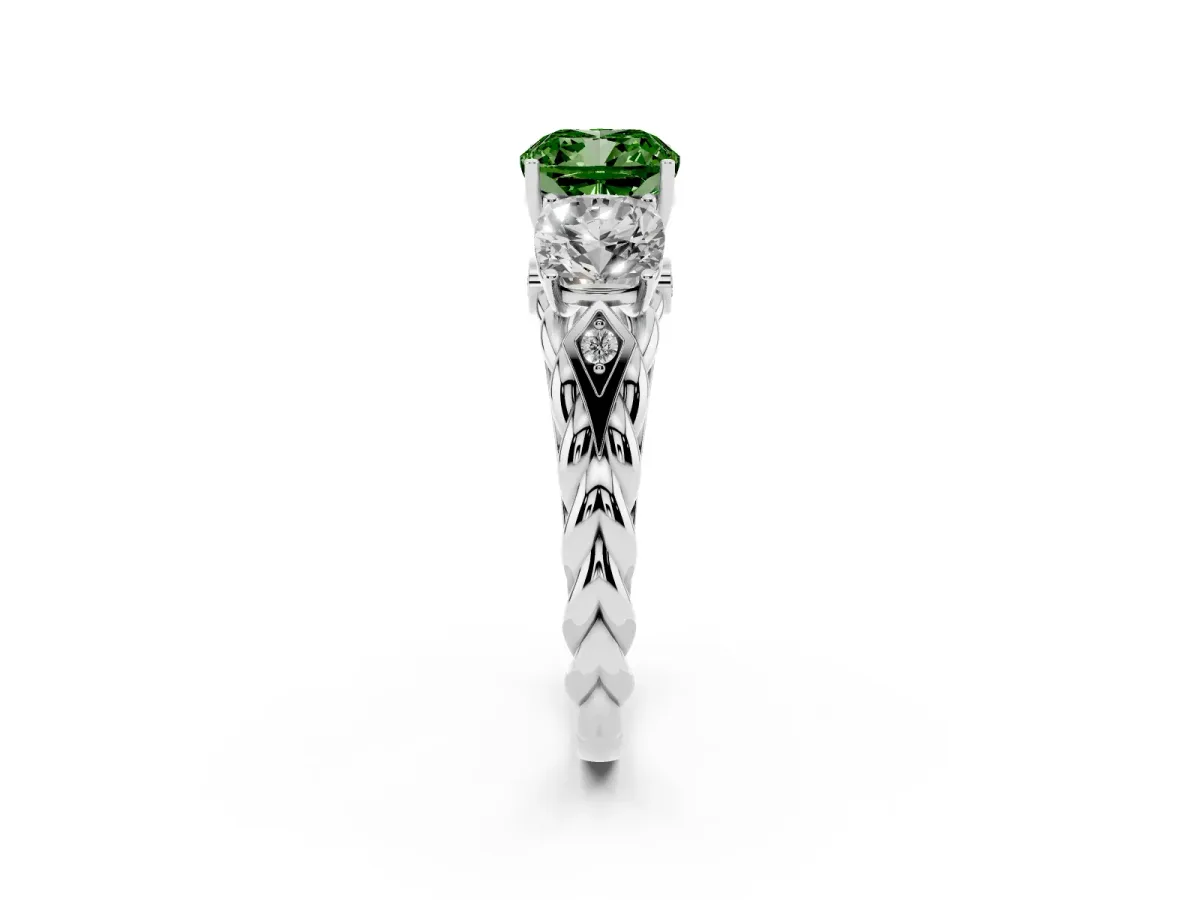 Fancy Green Three-Stone Cushion Cut Diamond Braided Band Ring with Four-Prong Setting Silver