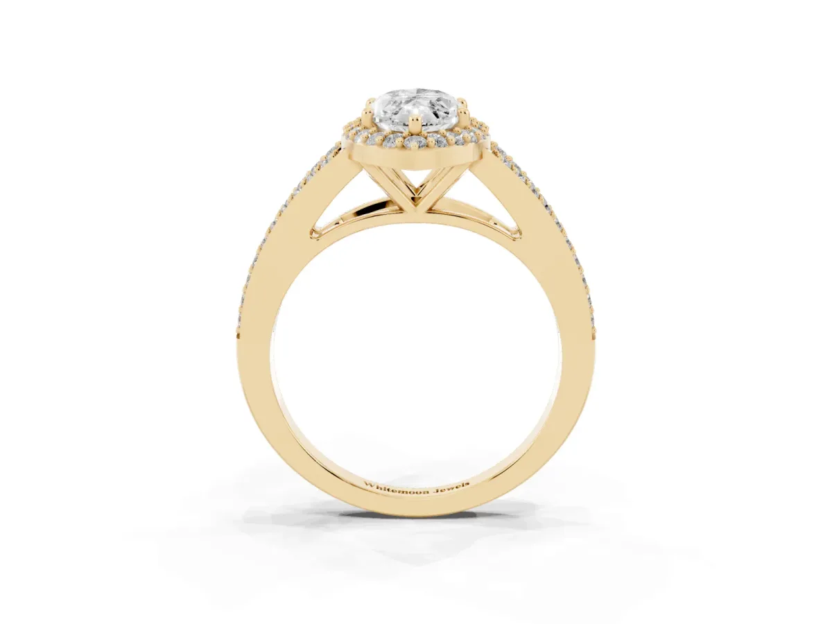 Marquise Cut Halo Split Shank Diamond Ring with Prong Setting Yellow gold