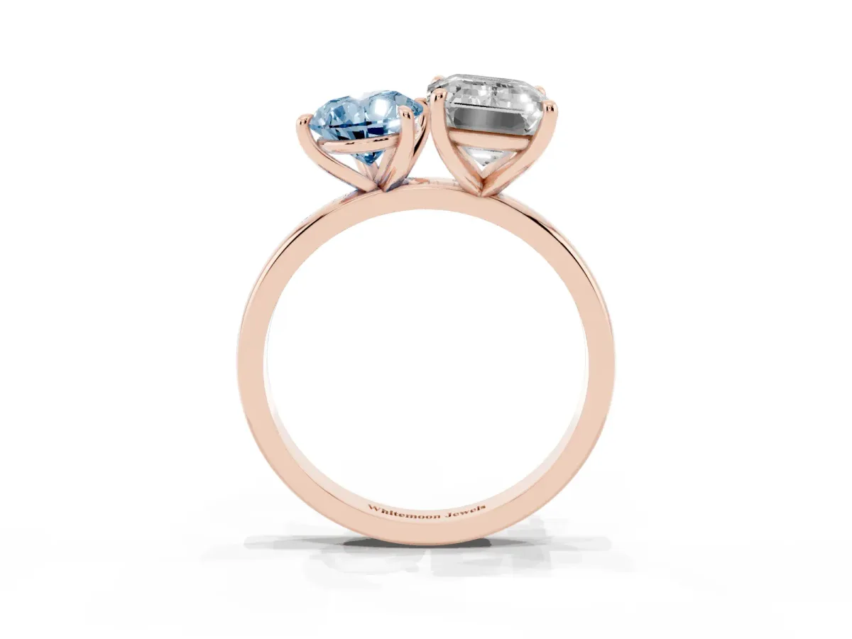Fancy Blue Pear Cut and Emerald Cut Toi Moi Ring with Prong Setting Rose gold