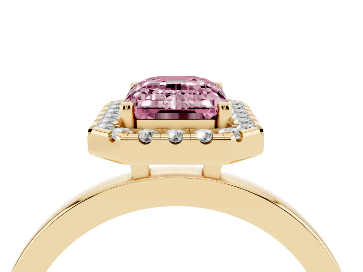 Fancy Pink Emerald Cut Halo Diamond Solitaire with Pavé Band and Four-Prong Setting Yellow gold