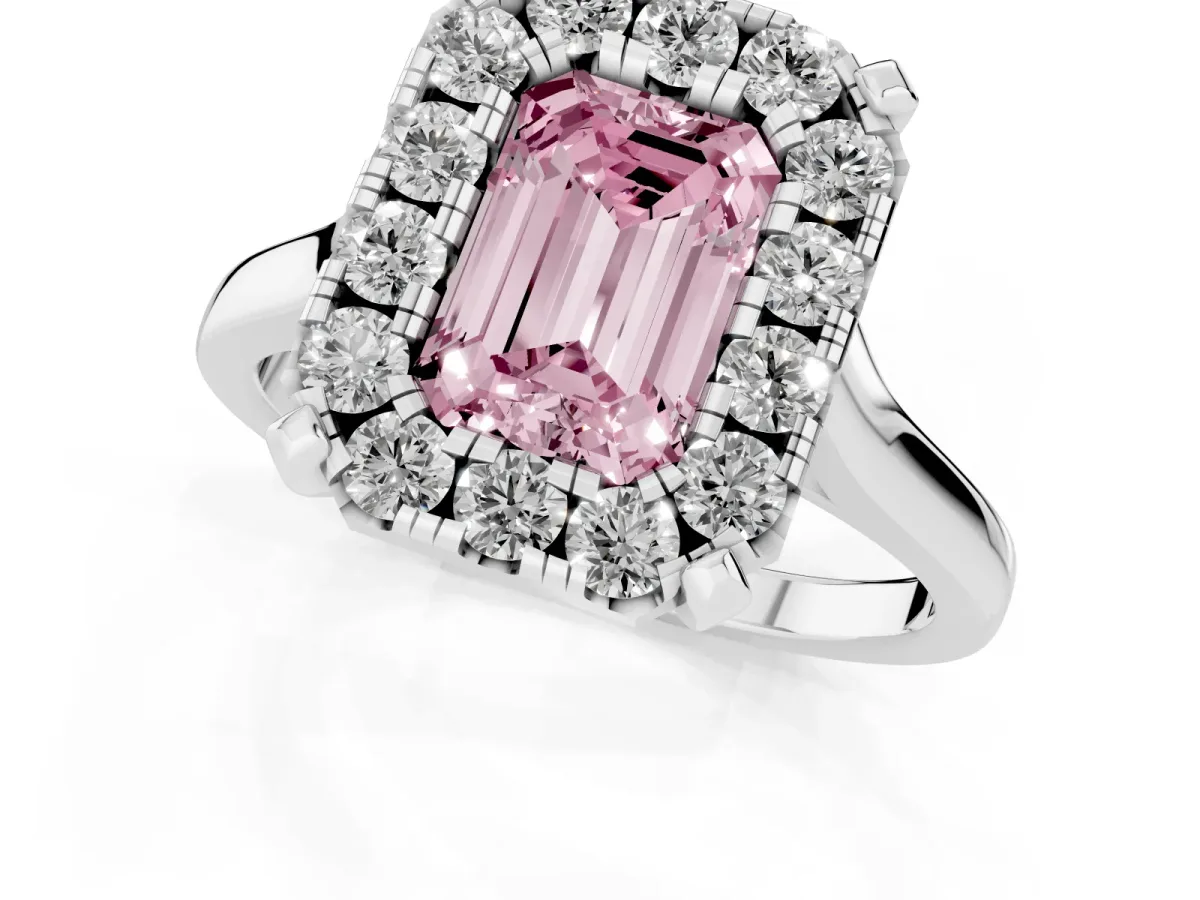 Fancy Pink Emerald Cut Diamond Cluster Halo Solitaire with Four-Prong Setting Silver