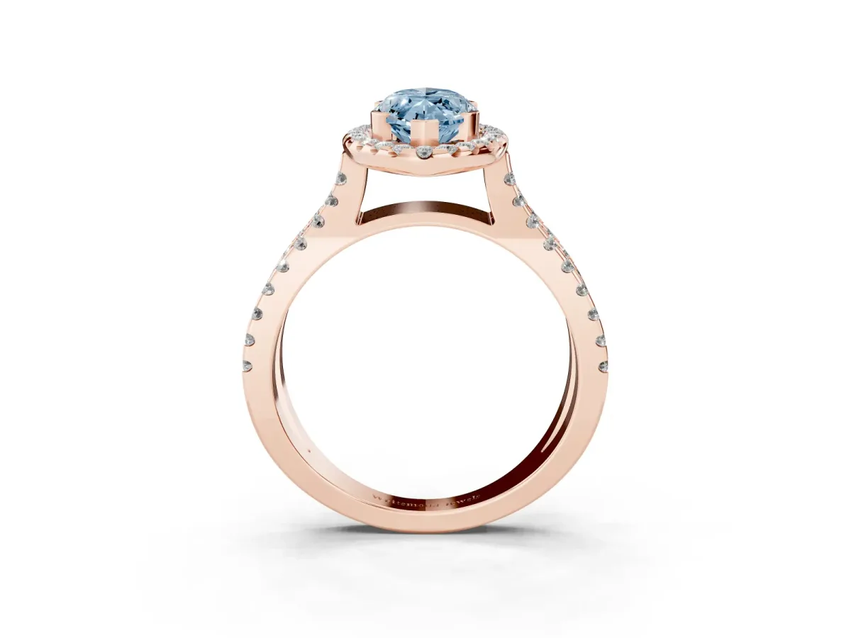 Fancy Blue Marquise Cut Diamond Halo Ring with Split Shank Pavé Band and Prong Setting Rose gold
