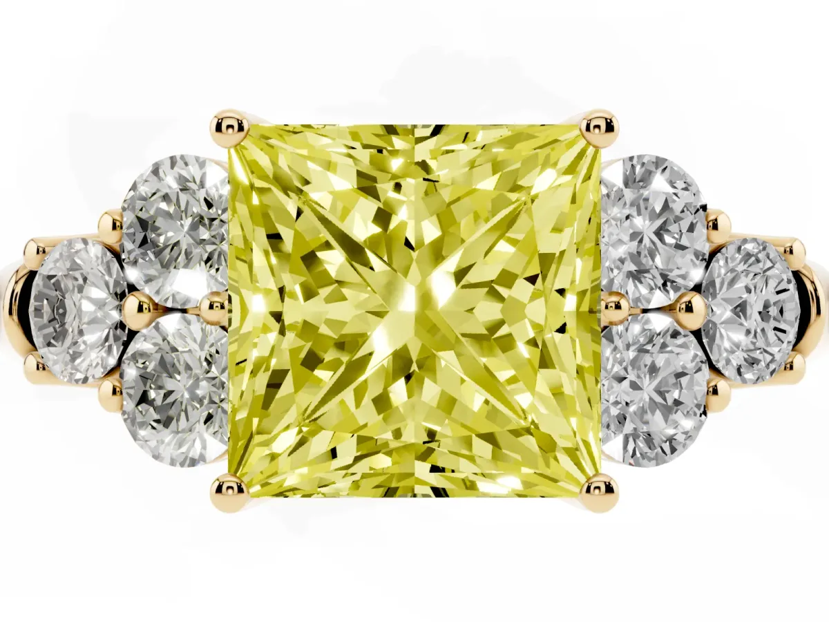 Fancy Yellow Princess Cut Cut Diamond Cluster Ring with Round Accent Stones and Prong Setting on a Classic Band Yellow gold
