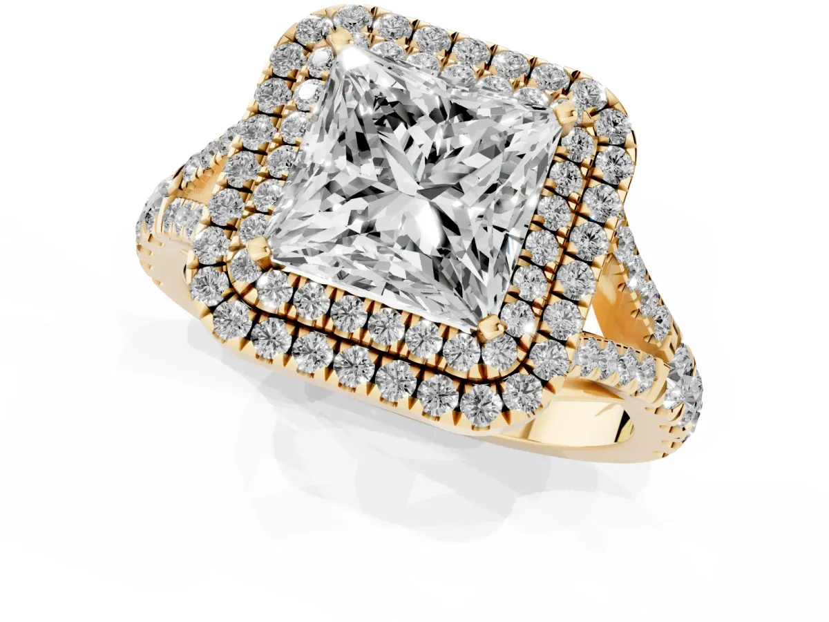 Princess Cut Diamond Double Halo Ring with Split Shank and Prong Setting Yellow gold